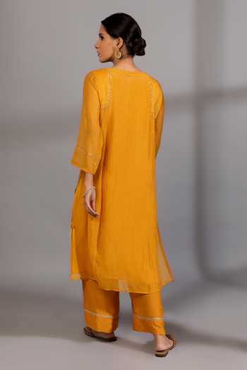 Shop_Pants And Pajamas_Yellow Cotton, Silk, Chanderi Embroidery, Zardozi Neckline Kurta And Pant Set _at_Aza_Fashions