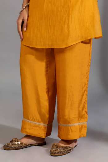 Pants And Pajamas_Yellow Cotton, Silk, Chanderi Embroidery, Zardozi Neckline Kurta And Pant Set _at_Aza_Fashions