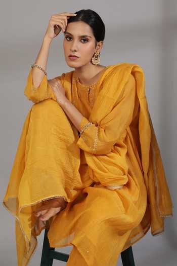 Buy_Pants And Pajamas_Yellow Cotton, Silk, Chanderi Embroidery, Zardozi Neckline Kurta And Pant Set 