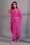 Buy_Pants and Pajamas_Pink Chanderi Mul Embroidery Zardozi Keyhole Kurta Pant Set _at_Aza_Fashions