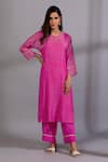 Pants and Pajamas_Pink Chanderi Mul Embroidery Zardozi Keyhole Kurta Pant Set _Online_at_Aza_Fashions