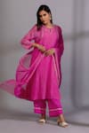 Pants and Pajamas_Pink Chanderi Mul Embroidery Zardozi Keyhole Kurta Pant Set _at_Aza_Fashions