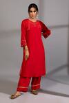 Pants And Pajamas_Red Cotton, Silk, Chanderi Embroidery, Lace, Zardozi Placement Kurta Set _Online_at_Aza_Fashions