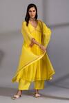 Pants And Pajamas_Yellow Chanderi Embroidery V-neck Yoke Kurta _Online_at_Aza_Fashions