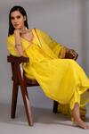 Shop_Pants And Pajamas_Yellow Chanderi Embroidery V-neck Yoke Kurta _Online_at_Aza_Fashions