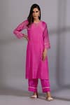 Buy_Pants And Pajamas_Pink Chanderi Embroidery Round Neck Yoke Hand Kurta _at_Aza_Fashions