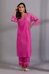 Pants And Pajamas_Pink Chanderi Embroidery Round Neck Yoke Hand Kurta _Online_at_Aza_Fashions