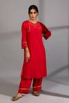 Buy_Pants And Pajamas_Red Chanderi Embroidery Round Neck Yoke Zardosi Kurta _at_Aza_Fashions