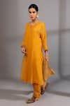 Buy_Pants And Pajamas_Yellow , Cotton Embroidery Round Neck Sleeve Hem Hand Kurta _at_Aza_Fashions