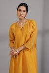 Shop_Pants And Pajamas_Yellow , Cotton Embroidery Round Neck Sleeve Hem Hand Kurta _Online_at_Aza_Fashions