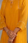 Shop_Pants And Pajamas_Yellow Cotton, Silk, Chanderi Embroidery Keyhole Neck Zardozi Kurta Pant Set _Online_at_Aza_Fashions