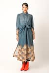 Buy_Jajaabor_Blue Silk Chanderi Print Flower Collared Neck Miniature Long Shirt With Pant _at_Aza_Fashions