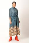 Jajaabor_Blue Silk Chanderi Print Flower Collared Neck Miniature Long Shirt With Pant _Online_at_Aza_Fashions