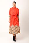 Buy_Jajaabor_Orange Silk Chanderi Print Flower Collared Neck Miniature Long Shirt _at_Aza_Fashions