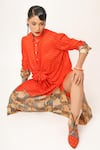 Buy_Jajaabor_Orange Silk Chanderi Print Flower Collared Neck Miniature Long Shirt 