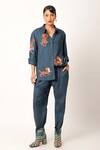 Buy_Jajaabor_Blue Cotton Linen Embroidery Tiger Collared Neck Shirt With Pant _at_Aza_Fashions