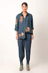 Jajaabor_Blue Cotton Linen Embroidery Tiger Collared Neck Shirt With Pant _Online_at_Aza_Fashions