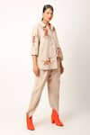 Jajaabor_Beige Cotton Linen Embroidery Tiger Collared Neck Contrast Shirt With Pant _Online_at_Aza_Fashions