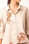 Jajaabor_Beige Cotton Linen Embroidery Tiger Collared Neck Contrast Shirt With Pant _at_Aza_Fashions