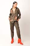 Buy_Jajaabor_Brown Cotton Linen Embroidery Tiger Collared Neck Contrast Shirt With Pant _at_Aza_Fashions