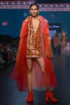 Buy_Jajaabor_Orange Cotton Slub Print Buttercup Wide Collar Bloom Tulle Trench Jacket _at_Aza_Fashions