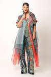 Buy_Jajaabor_Blue Cotton Slub Print Midnight Flora Wide Collar Tulle Trench Jacket _at_Aza_Fashions