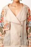 Jajaabor_Beige Organza Embroidery Bloom Garden Wide Collar Trench Bomber Jacket _at_Aza_Fashions