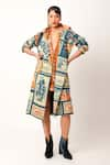 Buy_Jajaabor_Blue Cotton Slub Print Postage Stamp Lapel Collar Long Trench Jacket _at_Aza_Fashions