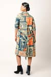 Shop_Jajaabor_Blue Cotton Slub Print Postage Stamp Lapel Collar Long Trench Jacket _at_Aza_Fashions