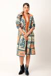 Jajaabor_Blue Cotton Slub Print Postage Stamp Lapel Collar Long Trench Jacket _Online_at_Aza_Fashions