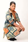 Buy_Jajaabor_Blue Cotton Slub Print Postage Stamp Lapel Collar Long Trench Jacket _Online_at_Aza_Fashions