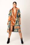 Shop_Jajaabor_Blue Cotton Slub Print Postage Stamp Lapel Collar Long Trench Jacket _Online_at_Aza_Fashions