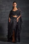 Buy_The House of Exotique_Black Viscose Georgette Embellished Beads Tonal Cape Draped Skirt Set  _at_Aza_Fashions