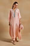 Buy_The House of Exotique_Peach Habutai Silk Embellished Beads Notched Placket Kurta With Pant  _at_Aza_Fashions