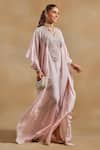 Buy_The House of Exotique_Pink Habutai Silk Crystal Embellished Yoke Kaftan _at_Aza_Fashions