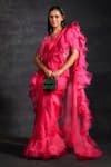 Buy_The House of Exotique_Pink Organza Embellished Beads Sweetheart Ruffled Saree With Blouse _at_Aza_Fashions