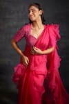 The House of Exotique_Pink Organza Embellished Beads Sweetheart Ruffled Saree With Blouse _Online_at_Aza_Fashions
