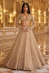 Buy_Seema Gujral_Gold Net Embroidered Pearls Deep V Neck And Beads Work Bridal Lehenga Set _Online_at_Aza_Fashions