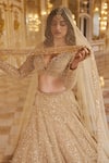 Shop_Seema Gujral_Gold Net Embroidered Pearls Deep V Neck And Beads Work Bridal Lehenga Set _at_Aza_Fashions