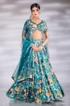 Buy_Jubinav Chadha_Green Lehenga And Blouse Crepe Printed Floral V-neck Bagh Set _at_Aza_Fashions