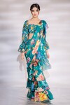 Buy_Jubinav Chadha_Green Georgette Printed And Fauna Ruffle Pre Draped Saree With Blouse _at_Aza_Fashions
