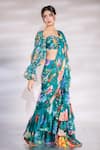 Buy_Jubinav Chadha_Green Georgette Printed And Fauna Ruffle Pre Draped Saree With Blouse _Online_at_Aza_Fashions