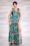 Buy_Jubinav Chadha_Green Georgette Printed Floral Plunge Blossom Slit Gown _at_Aza_Fashions