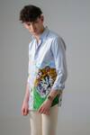 Amrit Dawani_Blue Cotton Embroidery Roaring Lion Hand Paint Shirt _at_Aza_Fashions