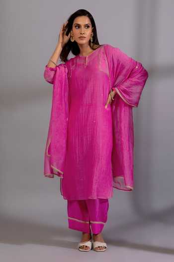 Pants And Pajamas_Pink Cotton, , , Zardozi Placement Kurta And Pant Set _at_Aza_Fashions