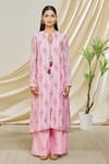 Peenacolada_Pink Chanderi Embroidery Keyhole Neck A-line Kurta And Pant Set _Online_at_Aza_Fashions