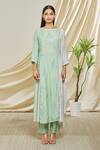 Peenacolada_Green Cotton, Silk Embroidery Boat Neck Resham Work Panelled Kurta And Pant Set _Online_at_Aza_Fashions