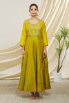 Peenacolada_Green Chanderi Silk Embroidery Round Neck Block Print Anarkali _Online_at_Aza_Fashions