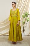 Buy_Peenacolada_Green Chanderi Silk Embroidery Round Neck Block Print Anarkali _Online_at_Aza_Fashions