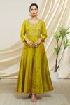 Peenacolada_Green Chanderi Silk Embroidery Round Neck Block Print Anarkali _at_Aza_Fashions